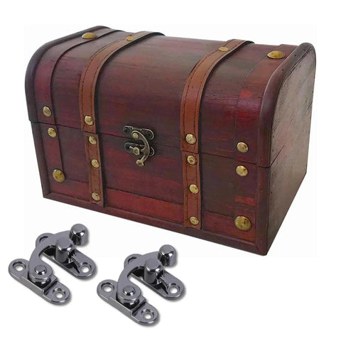 Swing Arm Latch Antique Cabinet Hardware For Jewelry Box And Suitcase Left And Right Clasp Set Of 2 shown with wooden chest