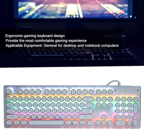 Badass 104 Key Mechanical Gaming Keyboard For PC Featuring Slick White Round Keys Durable Build Fire Multi Color Backlights Ergonomic Retro Punk Design