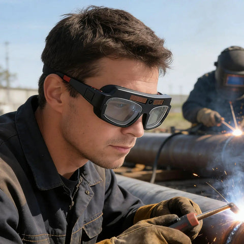 Close-up of Auto Darkening Welding Safety Glasses PC Wraparound Sweet Clarity Hard To Beat At The Big Box Store worn during welding.