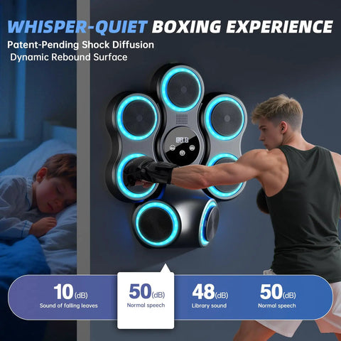 Man using Interactive Music Boxing Trainer For Adults And Kids, Wall Mounted Electronic Punching Target With Gloves, Large Size.