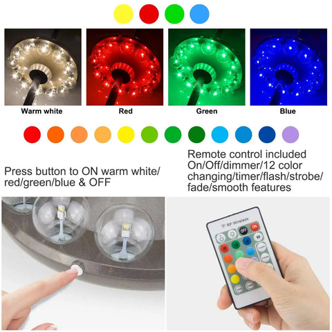 Battery Powered Umbrella Lights With RF Remote For Outdoor Patio Umbrella, 12 Color Changing Pole Light, LED colors and remote