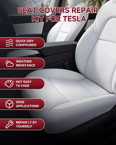 White Leather Recoloring Balm Kit For Tesla Interiors Dope 8-Piece Leather Scratch And Color Restorer in use on Tesla seat