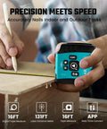 No Brainer 3 In 1 Laser Tape Measure With App Sync For Easy Data Transfer, 130 Feet Laser Distance Meter, 16 Feet Waterproof Digital Tape, Area Volume Pythagorean Mode, Rechargeable Battery And Fast App Connectivity used measuring wood board