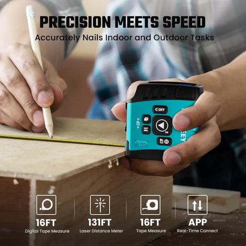 No Brainer 3 In 1 Laser Tape Measure With App Sync For Easy Data Transfer, 130 Feet Laser Distance Meter, 16 Feet Waterproof Digital Tape, Area Volume Pythagorean Mode, Rechargeable Battery And Fast App Connectivity used measuring wood board
