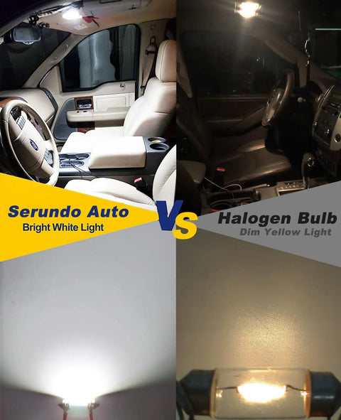 Comparison of Serundo Auto LED and halogen bulbs in car interior; Serundo Auto with bright white light vs halogen with dim yellow light