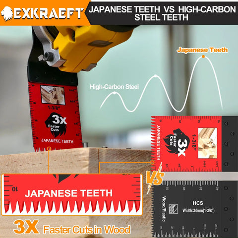 Close-up of 55 Piece Titanium Oscillating Tool Blades Set showing Japanese teeth cutting wood for fast, smooth cuts.