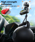 Heavy Duty 3M VHB Dash Cam Adhesive Pads With Electrostatic Film That Stays Put, Heat Resistant 2.15 Inch Round Double Sided Mounts For Windshield And Dashboard, Includes Adhesion Promoters featuring a dash cam securely mounted with adhesive pad and kettlebell test.