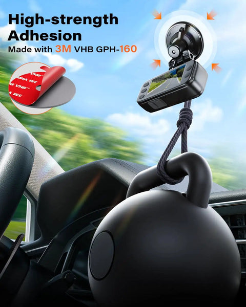 Heavy Duty 3M VHB Dash Cam Adhesive Pads With Electrostatic Film That Stays Put, Heat Resistant 2.15 Inch Round Double Sided Mounts For Windshield And Dashboard, Includes Adhesion Promoters featuring a dash cam securely mounted with adhesive pad and kettlebell test.