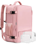 Women Travel Backpack Your Go To Airline Approved Carry On Waterproof Hiking Bag With 16 Inch Laptop Compartment And Overnight Pink Lightweight Durable Day Pack For Weekend Getaways, shown with clear pouches and side pocket visible