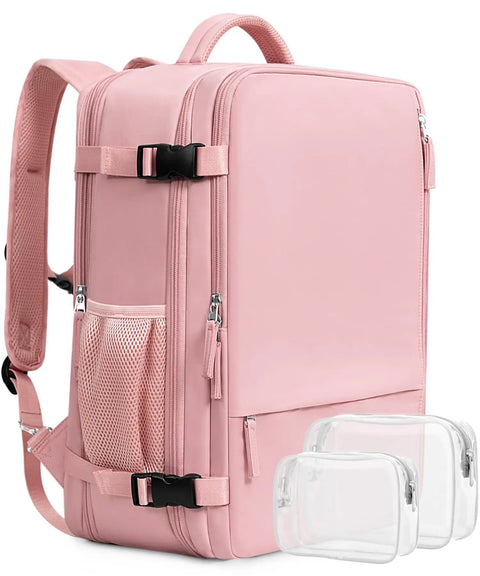 Women Travel Backpack Your Go To Airline Approved Carry On Waterproof Hiking Bag With 16 Inch Laptop Compartment And Overnight Pink Lightweight Durable Day Pack For Weekend Getaways, shown with clear pouches and side pocket visible