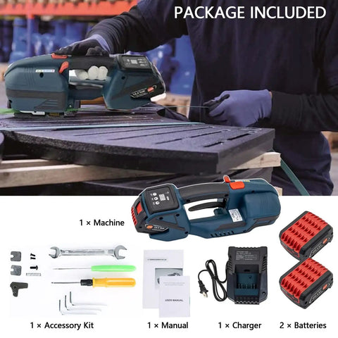 Heavy Duty Electric Strapping Machine For One Half To Five Eighths Inch Pp Pet Strap Battery Powered Automatic Hot Melt Bender Cutter in use on wooden crates.