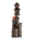 3 Tier Outdoor Birdhouse Water Fountain With Cardinal Accent, Rustic Brown Garden And Patio Decor, 35 Inch Tall, front view.