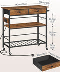 Rolling Kitchen Island With Storage, Movable Cart With Two Drawers And Built In Outlet, Rustic Brown, dimension details