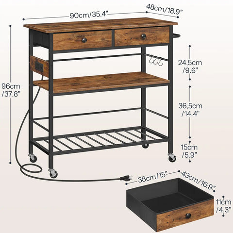 Rolling Kitchen Island With Storage, Movable Cart With Two Drawers And Built In Outlet, Rustic Brown, dimension details