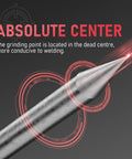 Close-up of pre-sharpened tungsten electrode with red tip for TIG welding, illustrating absolute center grinding point for stability.