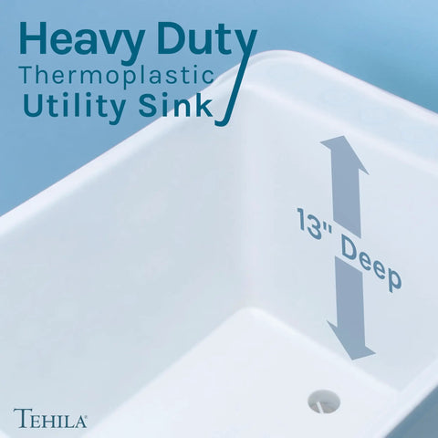 Space Saving Utility Sink With Gooseneck Faucet And Side Sprayer Narrow White Tub Black Faucet Durable Thermoplastic Construction Handy Compact Design For Tiny Kitchens And Laundry Areas showing 13-inch deep white tub corner with drain hole.