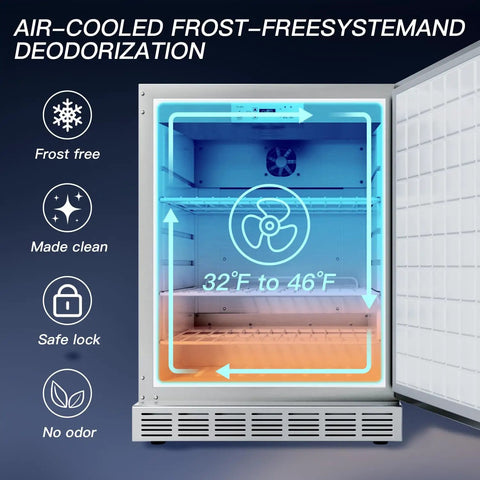 Outdoor Refrigerator Weatherproof Stainless Steel Beer Cooler Under Counter 21 Inch Beverage Fridge open with cooling system visible