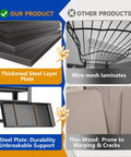 Comparison of black thickened steel shelves vs wire mesh; durability vs thin wood warping; Heavy Duty 5 Tier Garage Shelving Unit With 2500 Pound Capacity, 72 Inch High, 40 Inch Wide Industrial Metal Shelves With Thickened Double Layer Posts, Ideal For Garage, Warehouse, And Basement, Black Finish.