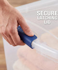 Hand securing the blue latching lid on Hella Tough 66 Quart Clear Plastic Storage Bins With Secure Twist Latches And Smart Stack Design.