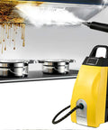 Lpoxuru 3000W High Temp Steam Degreaser Cleaner At 110 C And 5 Bar Pressure, yellow handheld steam mop in action removing tough grease.