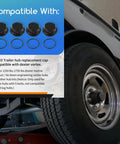 2 Pack Hub Dust Caps Replacement For Dexter Vortex Hubs With 5 Bolt Pattern Includes O Ring Fits 1250 To 1750 Lb Marine Trailer Hubs And Vortex Kits Like K71-G01-73 21-261 48355v Durable Boat Trailer Cap Set with compatibility information, showing caps and trailer wheel.