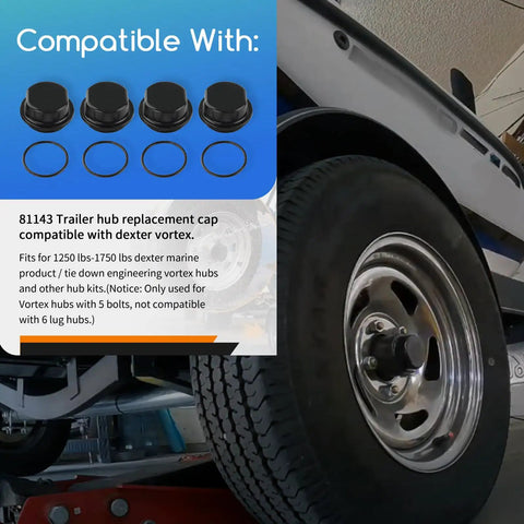 2 Pack Hub Dust Caps Replacement For Dexter Vortex Hubs With 5 Bolt Pattern Includes O Ring Fits 1250 To 1750 Lb Marine Trailer Hubs And Vortex Kits Like K71-G01-73 21-261 48355v Durable Boat Trailer Cap Set with compatibility information, showing caps and trailer wheel.