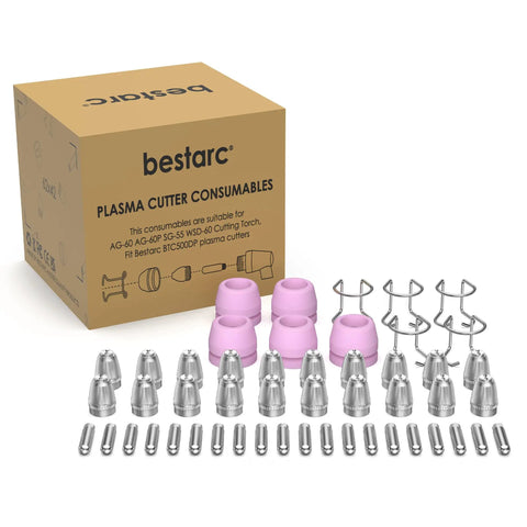 AG60P Plasma Cutter Consumables Kit With Torch Tips And Nozzles, 50Pcs Set For BTC500DP And BTC650DP displayed with packaging.