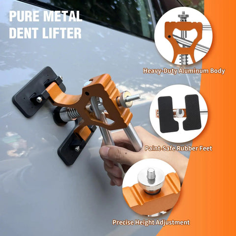 Pro Grade Paintless Dent Repair Kit With Dent Lifter Golden Lifter Bridge Puller Slide Hammer T Bar And Suction Cup For Car Auto Body Hail Damage Or Door Dings, aluminum dent lifter on car panel