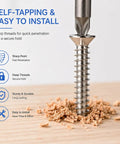 Close-up of a screw from 345 Piece 304 Stainless Self Tapping Screws Set for Wood and Metal M3 and M4 Flat Head Phillips Fasteners