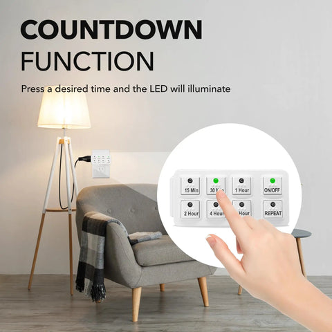 Slick Indoor Countdown Timer 2 Pack With Repeat Function 3 Prong Plug Smart Home Appliance Control, timer buttons highlighted.