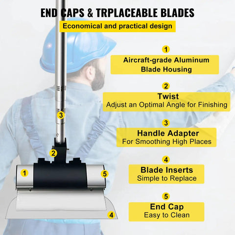 Pro Grade Drywall Skimming Blade Set With 10, 16, And 24 Inch Blades Plus 35 To 78 Inch Extension Handle shown with features labeled