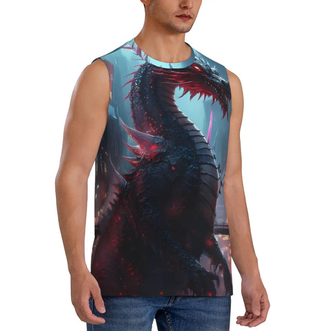 Mens Sleeveless Crewneck Tank Top With Dope Dragon Graphic Hella Comfortable And Lightweight Workout Tee For Gym Routines Or Casual Hangouts In Solid Black. Model wearing black dragon print tank top.