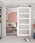 36 Inch By 84 Inch 5 Panel Glass Barn Door With Six Point Six Feet Brushed Nickel Sliding Hardware And Handle Frosted Glass Solid Wood Core With Waterproof PVC Surface Pre Drilled For Easy Assembly White installed in bedroom
