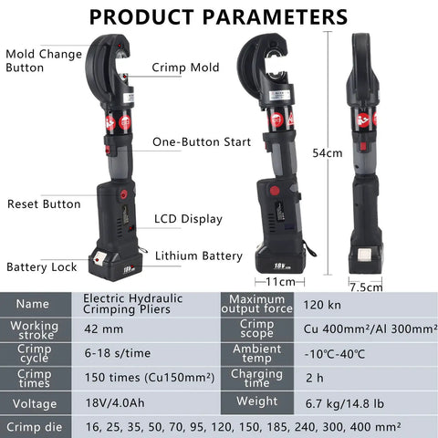 Mini Hydraulic Crimping Pliers With Digital Display Rechargeable Electric Cable Lug Crimper cordless hand tool with LCD and lithium battery.