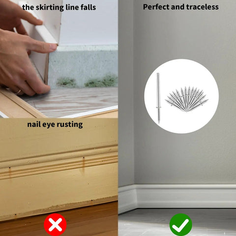 200 Pack Double Head Skirting Nails With Seamless Threads For Solid Wood Baseboards And Molding shown in use for seamless installation.