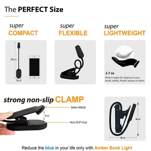 Giftable Amber Book Light With Blue Light Blocking Rechargeable 1600K Warm Amber Glow compact clamp size comparison
