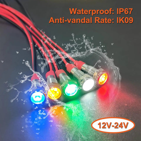 Red LED Indicator Lights 12V To 24V Energy Saving 6mm Metal Waterproof Wide Flat Head Pilot Dash Signal Lamps displayed in variety.