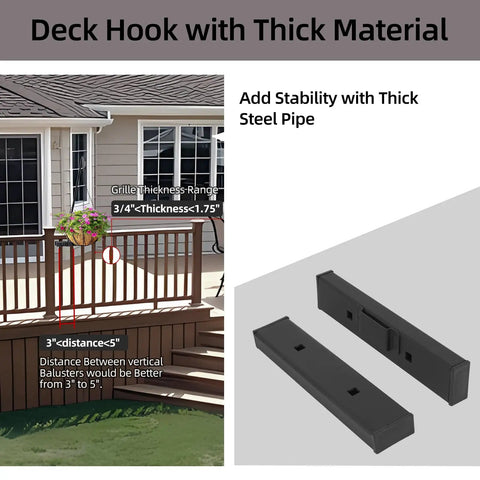 Railing Mount Deck Hook Heavy Duty Shepherds Bracket For Outdoor Plant Hangers And Bird Feeders 360 Degree Rotating Pole With Extended Arm Iron Garden Hook For Lanterns Flower Baskets And More showing installation on a porch railing.