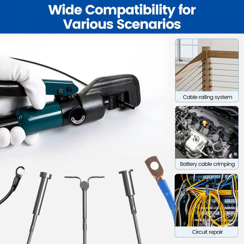 Beefed Up Hydraulic Crimping Tool With 9 Dies For One Eighth Inch Stainless Steel Cable Railing Kit And Twelve To Two Zero AWG Battery Cable Wire Rope Crimp Tool CT28 for heavy-duty use, shown with various application scenarios.