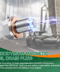 Magnetic M14 x 1.5 Oil Drain Plug Set With Stainless Steel Pan Nut and 5 Washer Gaskets, glowing effect.