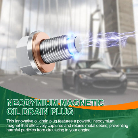 Magnetic M14 x 1.5 Oil Drain Plug Set With Stainless Steel Pan Nut and 5 Washer Gaskets, glowing effect.