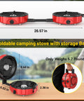 Two Burner Propane Camping Stove With Twenty Thousand BTU Output, Piezo Ignition, folded with carry bag, red color