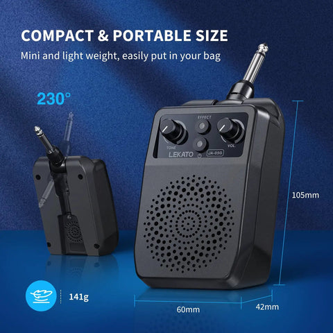 Mini 5W Electric Guitar Amp With Bluetooth, Portable Practice Amplifier featuring controls and speaker face, shown in black.