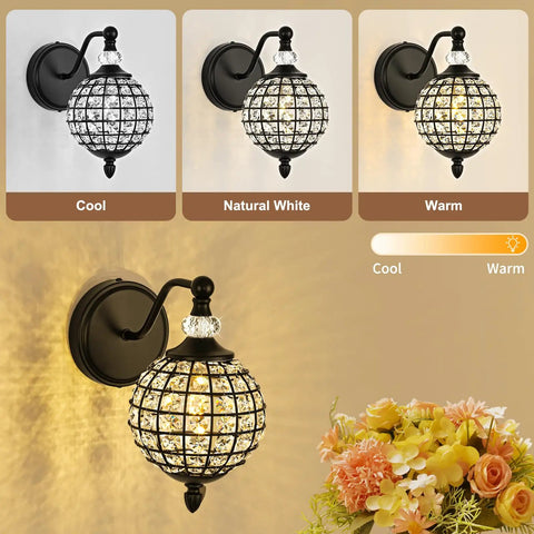 Lumestary 1 Piece Black Crystal Globe Wall Sconce with varying light settings for bathroom, living room, or bedroom use.