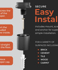 Installation steps for Heavy Duty Solid Steel Floor Door Stopper Matte Black Wall Protector with included mounting hardware.