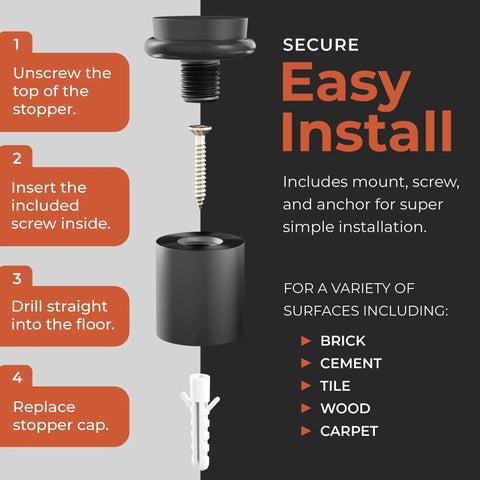 Installation steps for Heavy Duty Solid Steel Floor Door Stopper Matte Black Wall Protector with included mounting hardware.
