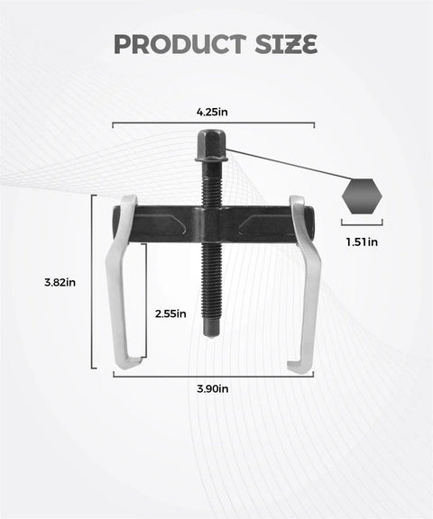 Two Jaw Gear Puller Set For Automotive Use, 4 Inch Adjustable Bearing Puller dimensions and design details on display