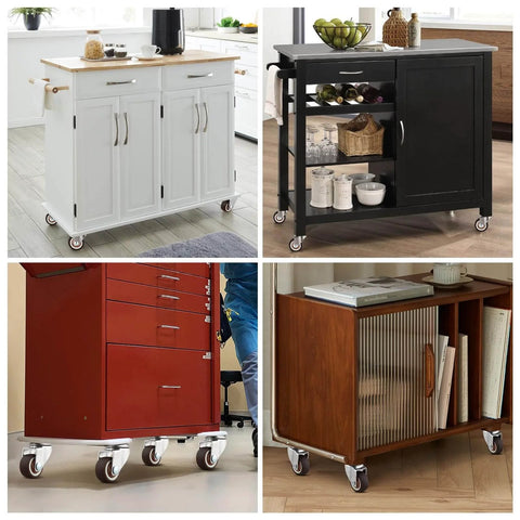 1 Inch Side Mount Casters Set Of 8 L Shaped Rubber Swivel Heavy Duty Double Plate Casters Without Brake Industrial Metal Wheel For Workbench Furniture Cabinet Woodbox Brown Includes 42 Screws For Quick Mounting displayed on various cabinets.