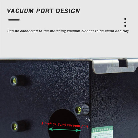Fresh Knockout Desktop Mini Table Saw With Clear Safety Baffle showing vacuum port design for easy connection to vacuum cleaner.
