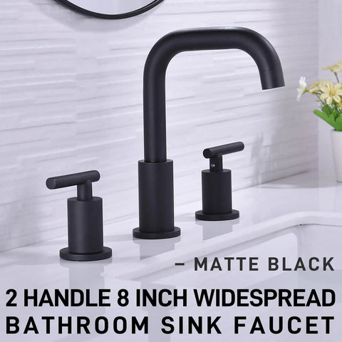 Matte Black 8 Inch Widespread Bathroom Faucet Set With 3 Holes Solid Brass Includes Pop Up Drain And cUPC Water Supply Lines Built To Last Corrosion Resistant Overflow Easy Install on white countertop